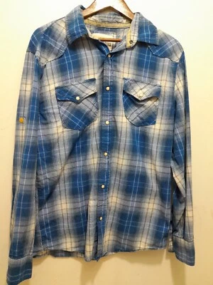 Mens Western Cowboy Plaid Pearl Snap Roll Tab Outdoor Casual Work Size XL Shirt - Image 1 of 4