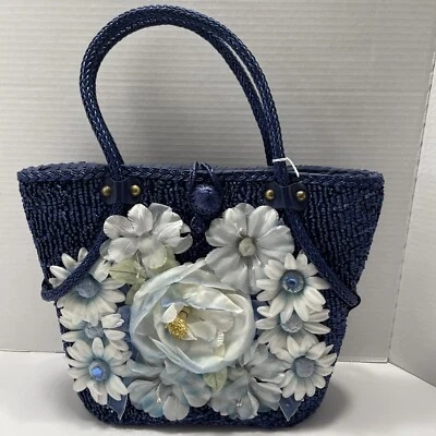 1950’s To 1960’s Handmade Blue Print Flowers Large Purse With Straps - Image 1 of 4