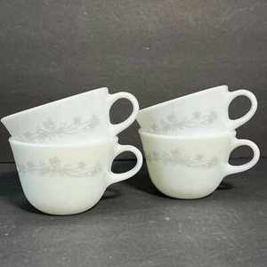 Vintage Pyrex Ribbon Bouquet Coffee Tea Cups 4 Set White Milk Glass Gray Floral - Picture 1 of 11