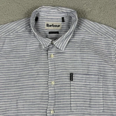 Barbour Shirt Mens Large Blue White Stripe Linen Cotton Short Sleeve Summer - Image 1 of 4