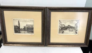 x2 HAVAS - Vintage Venice Art Print Italy Original Etching Signed Pencil Framed - Picture 1 of 12