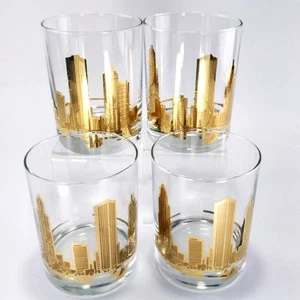 Set of 4 Marshall Fields Old Fashioned / Whiskey Glasses Gold Chicago Skyline - Picture 1 of 12
