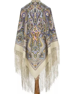 58’’’ Bufanda Cuadrada 100% Lana Merino Étnica Beige Chal Grande Regalo Español 1757 Foto 1 de 4