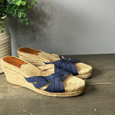 Sandalias de tacón Stubbs & Wootton 10 Kelly azul marino cuña yute Estate Preppy Foto 1 de 4