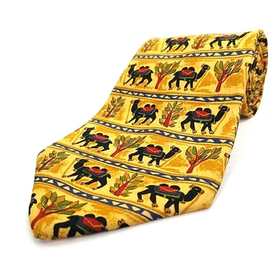 Lands' End Luxury Tie Yellow Camels Trees Art Printed Silk Necktie 58" x 4" - Image 1 of 4