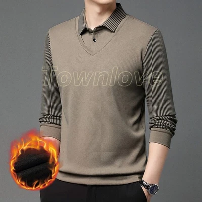 Мужская поддельная футболка из двух частей с лацканами в полоску зимняя с длинным рукавом флисовая основа рубашки - Изображение 1 из 4