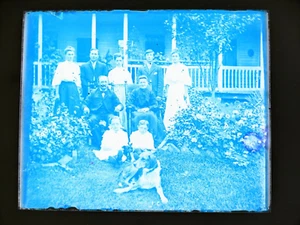 Vintage GLASS NEGATIVE Slide Photo antique FAMILY posing Front Lawn DOG - Picture 1 of 3