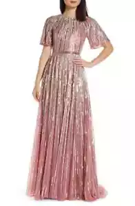 ๐ MAC DUGGAL 4913M Rose Pink Glitter Metallic Sequin Stripe A-Line Gown 18 US - Picture 1 of 10