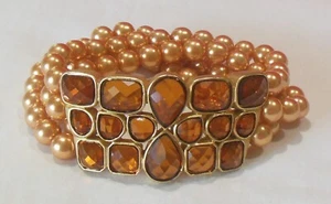 Gold-tone & Honey & Amber 4 Strand Lucite Beads & Glass Stretch Cuff Bracelet - Picture 1 of 8