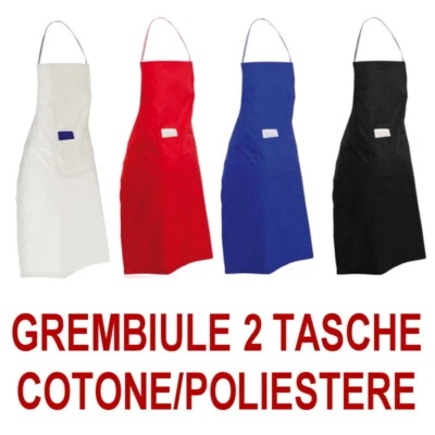 GREMBIULE CUCINA COTONE POLIESTERE 2 Tasche Bar Chef BIANCO NERO ROSSO BLU tasca - Immagine 1 di 4