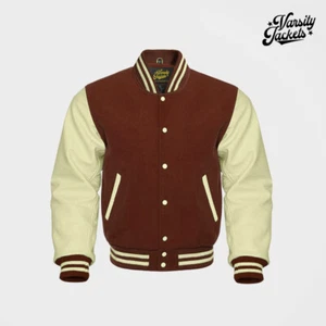Chaqueta Universitaria Profesional Cuerpo Marrón Mangas Crema Letterman Béisbol Colegio Bombardero - Imagen 1 de 5