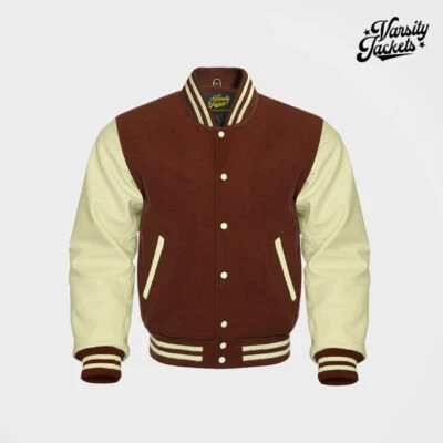 Brown body Cream Sleeves Pro Varsity Jacket Letterman Baseball College Bomber - Image 1 of 4