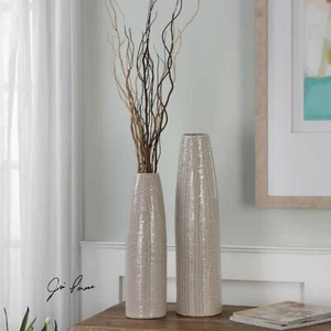 TWO SARA URBAN MODERN TEXTURED CERAMIC VASES XXL 18" & 23" UTTERMOST 20156 - Picture 1 of 3