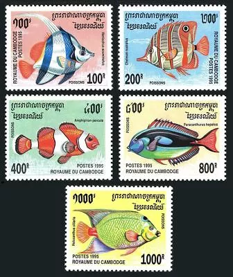 Cambodia 1466-1470, 1471, MNH. Michel 1543-1547, 1548 Bl.216. Fish 1995. - Image 1 of 2