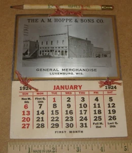 1924 A.M. Hoppe General Store Luxemburg Wisconsin WI Town View Calendar & Pencil - Picture 1 of 7