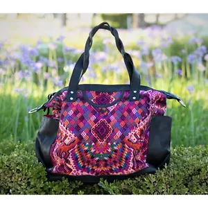 Bolso de Día Convertible Artesanal Guatemalteco CDB 100% Cuero Negro y Geomet Vintage - Imagen 1 de 8