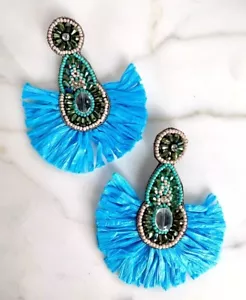 DESIGNER ST TROPEZ RAFFIA CRYSTAL BEADED JET SET EARRINGS LIGHT WEIGHT HANDMADE - Picture 1 of 4