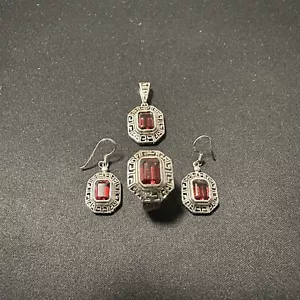 Conjunto Vintage Plata de Ley 925 Piedra Roja Colgante Anillo Pendientes Tailandia - Imagen 1 de 23