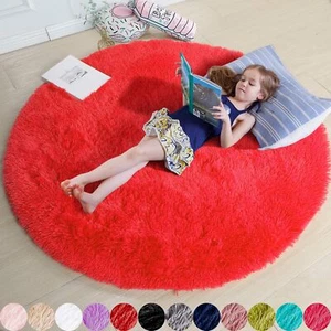 Red Round Rug 4Ft For Bedroom, Fluffy Shag Circle Area Rugs For Kids R - Picture 1 of 9
