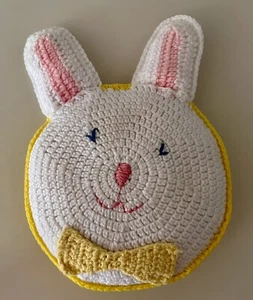 Handmade Crochet Knitted Bunny Pillow Grey White Pink Stuffed Soft 12” x 9” - Picture 1 of 8