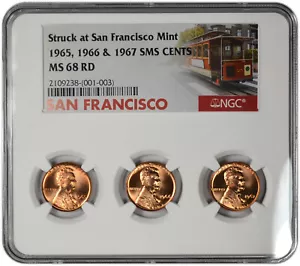 1965, 1966, & 1967 SMS Cents All San Francisco Mint NGC MS 68 RD Tri-Holder - Picture 1 of 2