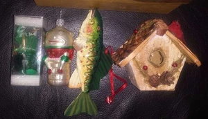 CHRISTMAS ORNAMENTS SET OF 4, BIRDHOUSE, FISH, HUMPTY DUMPTY & JINGLE BELL - Picture 1 of 1