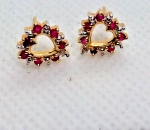 VALENTINE - Tiny 10K Gold Heart Pierced Earrings With Red Topaz Stones, SWEET - Picture 1 of 7