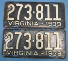 1939 Virginia License Plates Matched pair never used DMV clear for registration
