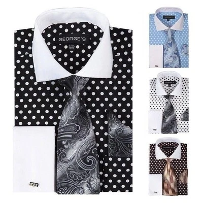 Fortino Landi Men's  Cotton Polka Dot Dress Shirt w/ Tie & Hanky Set #613 - Image 1 of 3
