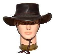 Aussie Bush Western Outback Brown Leather with Chin Strap Cowboy Hat Size M