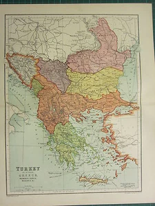 1904 ANTIQUE MAP ~ TURKEY IN EUROPE GREECE SERVIA BULGARIA ROUMANIA BOSNIA - Picture 1 of 1