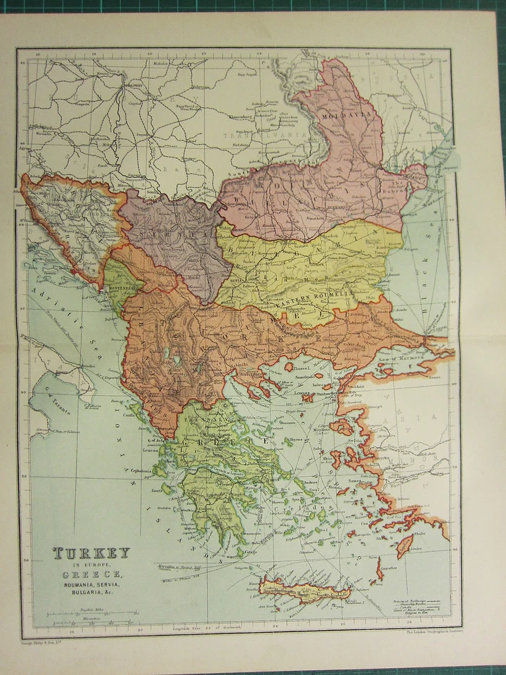 1904 ANTIQUE MAP ~ TURKEY IN EUROPE GREECE SERVIA BULGARIA ROUMANIA BOSNIA - Image 1 of 1