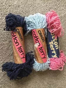 Caron Cotton Terry Vintage Light Blue, Navy Geranium Yarn Lot of 3 - Picture 1 of 3