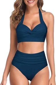 Tempt Me Women Two Piece Vintage Swimsuit Retro Halter Ruched High Waist Bikini - Picture 1 of 3