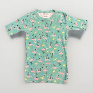 Hanna Andersson Size 160 14 Short John Pajama Top Teal Pink Flamingos Yellow Sun - Picture 1 of 7