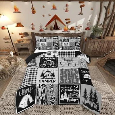  Juegos de cama para autocaravana juego de edredón a cuadros cámper rústico granja reina negro gris Foto 1 de 4