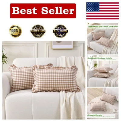 2 Pack Taupe Plaid Ruffle Throw Pillow Shams - 12''x20'' Washable Cotton Covers - Image 1 of 4