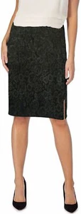 Schwarzer Damenrock Stretch Jacquard knielang schwarz vorne geteilt - Bild 1 von 6