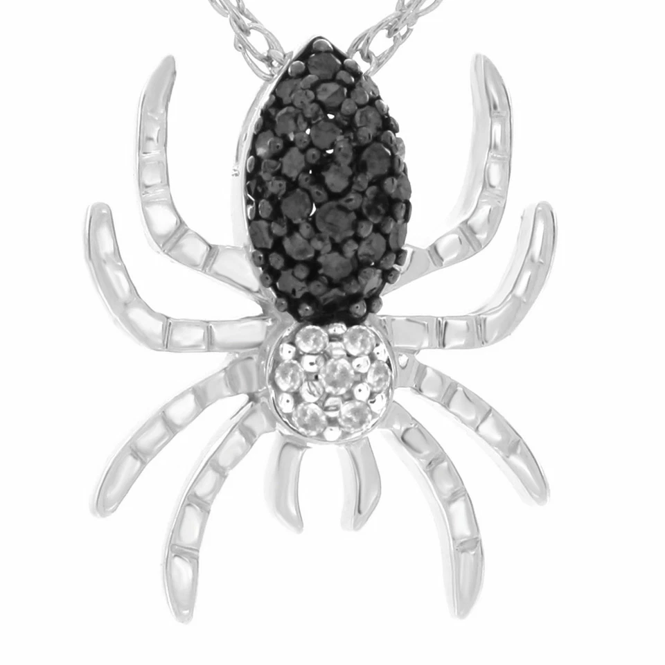 Colgante Araña Diamante Natural Negro Redondo con Cadena 18" Chapado en Oro 14k Plata Foto 1 de 4