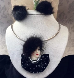 Vintage Damen Fell Keramik Brosche Halsband Halskette Set Grob Schwarz Nerz Silber - Bild 1 von 4