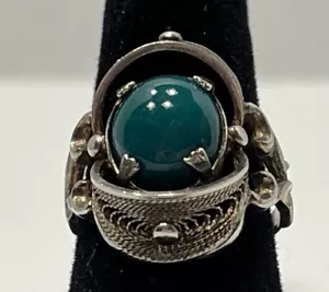 Vintage Sterling Silber Filigran Ring mit grünem Cabochon Stein Größe 7,25 Unikat - Bild 1 von 14