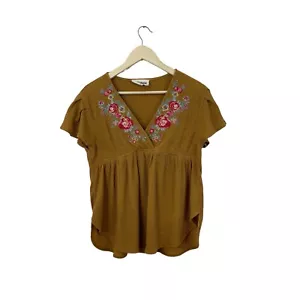 Savanna Jane Small Top Brown Embroidered Boho Short Sleeve Pullover Womens - Picture 1 of 12