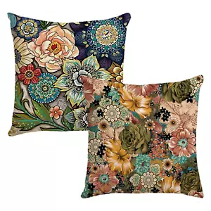 2-Pack 100% Linen blend Bohemian Floral Throw Pillow Covers, 18x18 Inch, Zipper - Picture 1 of 14