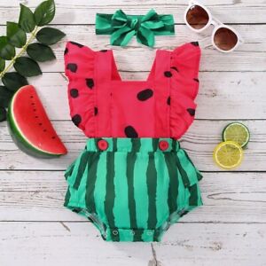 NEW Baby Girls Watermelon Ruffle Romper Sunsuit Jumpsuit Headband Outfit Set