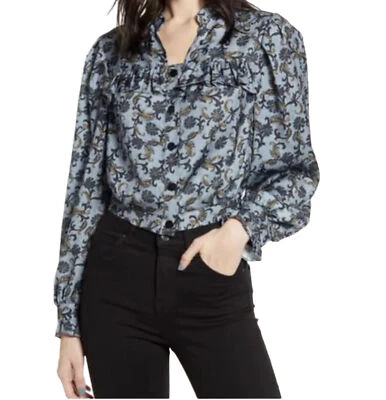 Top Topshop Paisley Volantes Azul Recortado Manga Larga Boho Talla 4 Foto 1 de 4