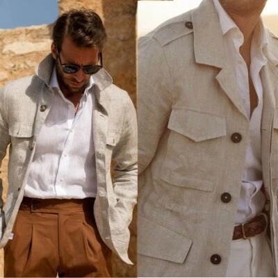 Breathable Men's Linen Jacket Single Breasted Casual Multi-pocket Hunting Blazer - Image 1 of 4