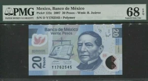 2007 MEXICO 20 Pesos PMG68 EPQ SUPERB GEM UNC <P-122c> 'Polymer' - Picture 1 of 2