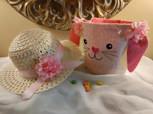 GIRLS TODDLER EASTER HAT DRESSUP TEAPARTY SET CREAM PINK RIBBON BUNNY BAG/BUCKET - Picture 1 of 1