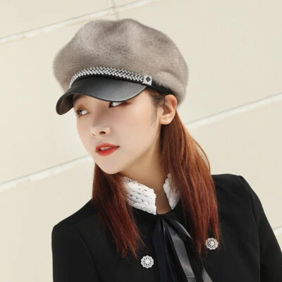 Sombrero de piel de visón real para mujeres Gorra de piel entera con pico Arnés Gorra de béisbol Sombrero superior Foto 1 de 4