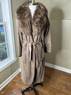Vintage 70'S PENNY LANE HIPPIE BOHO BROWN SUEDE SHEARLING LAMB FUR COLLAR COAT - Image 1 of 4